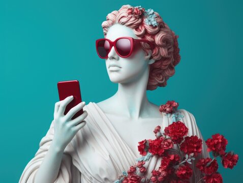 Ancient Greel woman white bust statue wearing sunglasses holding smartphone