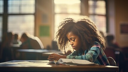 black female elementary school student Sitting alone in the classroom thinking about homework. There is a book on the table - obrazy, fototapety, plakaty