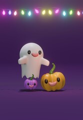 Cute Halloweens icon and colorful pumpkin 3d rendering in dark and white background for festival, holiday, Halloweens day and etc.