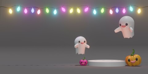 Cute Halloweens icon and colorful pumpkin 3d rendering in dark and white background for festival, holiday, Halloweens day and etc.