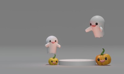 Cute Halloweens icon and colorful pumpkin 3d rendering in dark and white background for festival, holiday, Halloweens day and etc.
