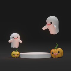 Cute Halloweens icon and colorful pumpkin 3d rendering in dark and white background for festival, holiday, Halloweens day and etc.