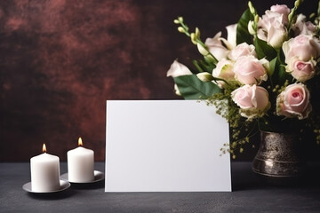 Blank greeting card with flowers and candles on dark background. Mock up