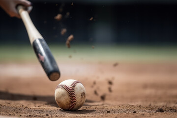 Baseball game in progress. Baseball ball and bat in action on the field