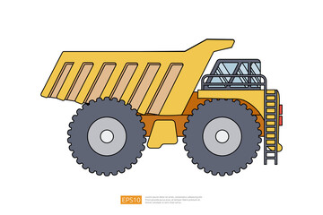 yellow mining dump truck tipper vector illustration on white background. Isolated big heavy machinery equipment vehicle. flat cartoon construction and mining car icon. Coloring Page Book for Kids