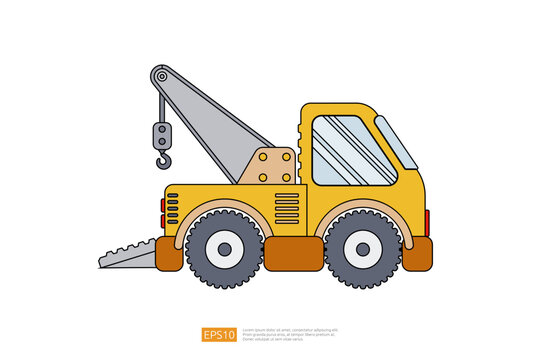 yellow wrecker truck vector illustration on white background. Isolated tow car vehicle. flat cartoon recovery Truck 24 hour Tow Service icon. Coloring Page Book cartoon for Kids