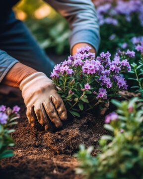 Close-up of gardener's hands in gloves planting purple flowers in the garden