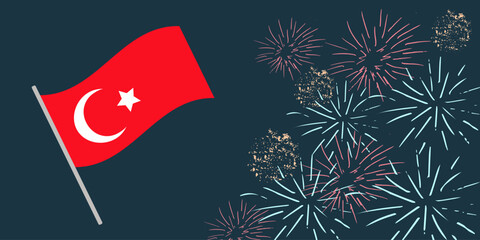 Republic day turkey October 29 National Day. 29 Ekim Cumhuriyet Bayrami. Dark background with fireworks. Concept holiday. Banner template, poster, web design. Vector flat illustration...