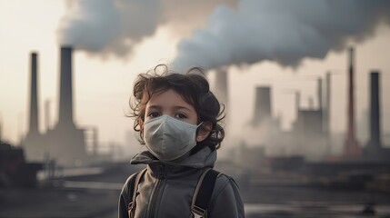 Children wearing masks to prevent air pollution Behind is the factory smokestack. - obrazy, fototapety, plakaty