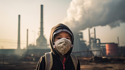 Children wearing masks to prevent air pollution Behind is the factory smokestack. - obrazy, fototapety, plakaty