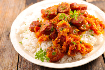 rougail sausage- sausage cooked with spicey tomato sauce and rice- Creole dish