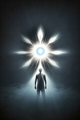 Conceptual image of man in dark space surrounded by light rays man standing