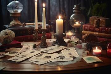 Tarot cards, fortune teller desk. Future reading concept.
