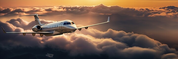 Luxury private jet flying above the clouds, beautiful sunset on background. Travel and airplane concept. Generative AI