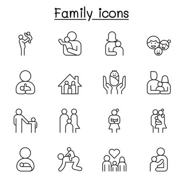 Family icon set in thin line style. ediatble stroke