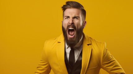 portrait of businessman wearing a suit isolated on yellow background  - obrazy, fototapety, plakaty