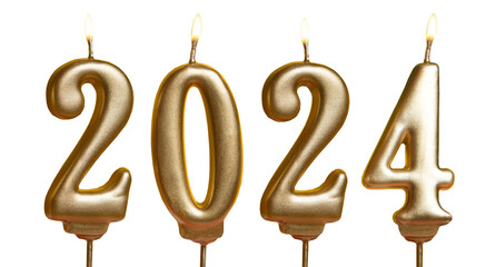Candles on a transparent background, png. Happy new year 2024. Christmas card banner with golden...