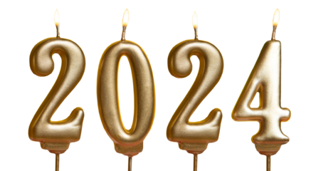 Candles on a transparent background, png. Happy new year 2024. Christmas card banner with golden decorative candles. Mockup.