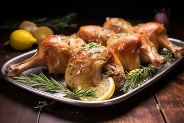 Fried chicken legs drizzled with garlic butter and rosemary sprigs