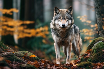 loup sauvage dans la forêt en montagne - obrazy, fototapety, plakaty