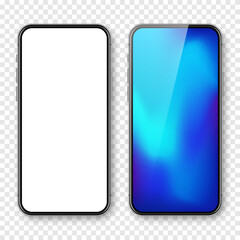 Smartphone with blank touch screen and abstract colorful background, wallpaper. Frameless mobile phone in front view. High quality detailed device mockup. Vector illustration