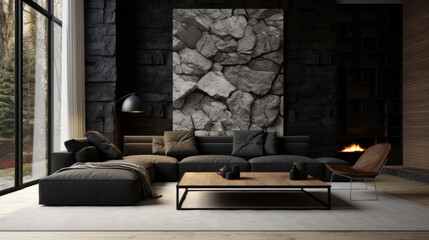 A chic living room with a blend of modern and cozy elements. Black