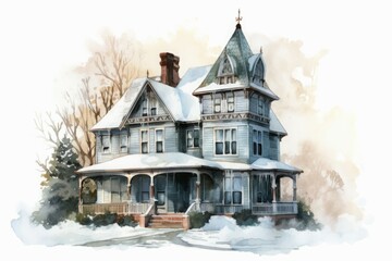 Watercolor victorian house view. Stone design. Generate Ai