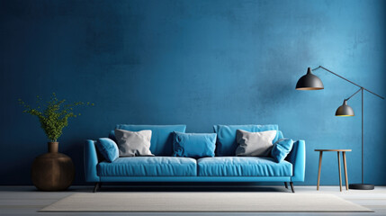 Modern decor in a cozy living room. Blue