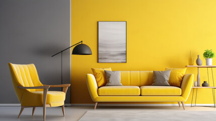 Well-decorated living room with a blend of modern and cozy elements. Yellow - obrazy, fototapety, plakaty