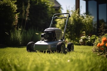 Gasoline lawn mower on green grass