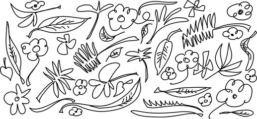 Fototapeta premium Hand draw pattern leaves and flowers, isolated on white