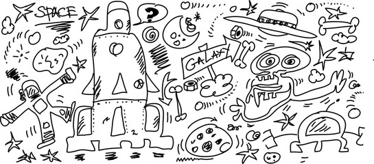 Hand drawn space and spaceship isolated on white