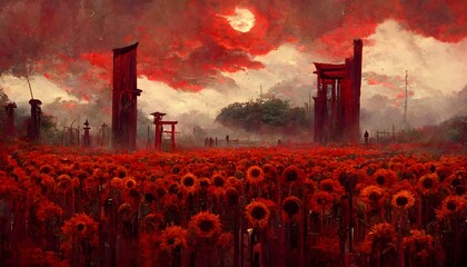voidcore darkness crimson red sky and sun fields of fire red sunflowers lined with red TORII gates made of red iron Taken from afar Fatalistic ominous Shrines should not be painted  - obrazy, fototapety, plakaty