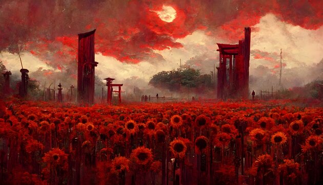voidcore darkness crimson red sky and sun fields of fire red sunflowers lined with red TORII gates made of red iron Taken from afar Fatalistic ominous Shrines should not be painted 