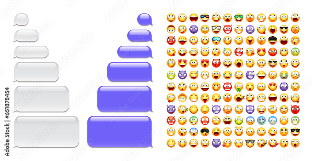 Aufkleber blank message bubbles with emoji. violet chat or messenger speech bubble. sms text frame. short mess