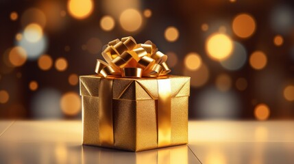 Gold gift box on bokeh background, celebration concept