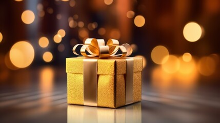 Gold gift box on bokeh background, celebration concept