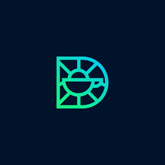 coffee with letter d, sun line art logo design