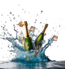 Fototapeta premium bottle and glass of white wine between the splashes of water-