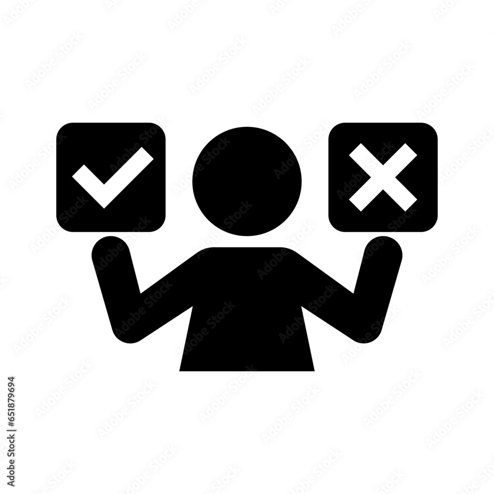 Poster decision making person silhouette icon. decision maker. check mark and cross mark choice box. vector