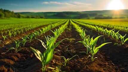 Agriculture shot rows of young corn plants growing on a vast field with dark fertile soil leading to the horizon - obrazy, fototapety, plakaty