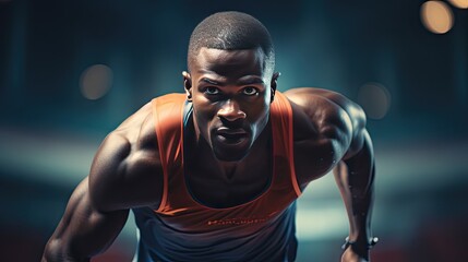 Fototapeta na wymiar Close-up photo of an American professional sprinter running in a stadium