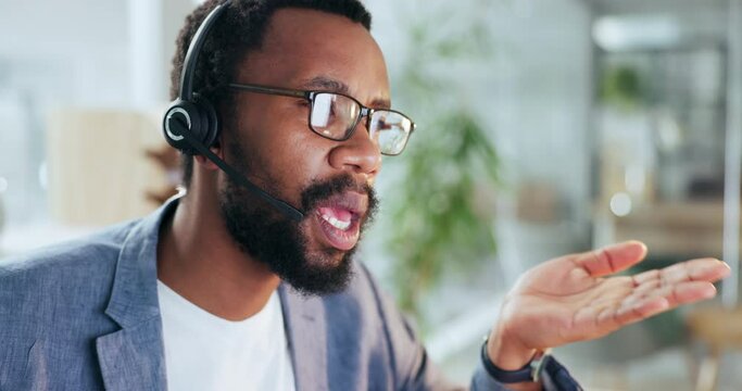 Call center, conflict and black man in office frustrated by faq, problem or communication, fail or 404. Telemarketing, crisis and African guy annoyed while consulting for b2b, customer support or crm