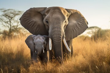 Father and son, elephants, hugging