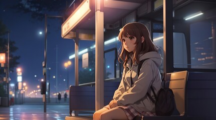 バス停にてバスを待つ少女のイラスト｜Illustration of a girl waiting for a bus at a bus stop. Generative AI - obrazy, fototapety, plakaty