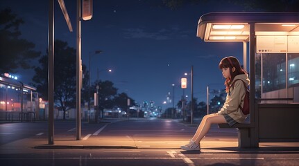バス停にてバスを待つ少女のイラスト｜Illustration of a girl waiting for a bus at a bus stop. Generative AI - obrazy, fototapety, plakaty