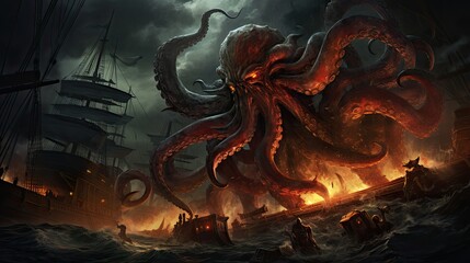 a kraken monster that destroys a ship at sea - obrazy, fototapety, plakaty