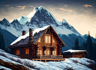 Mountain scene with a log home on the side of a rugged mountain, Generative AI.