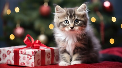 Cute kitten with Christmas gift box There is space to place text.