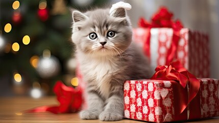 Cute kitten with Christmas gift box There is space to place text. - obrazy, fototapety, plakaty